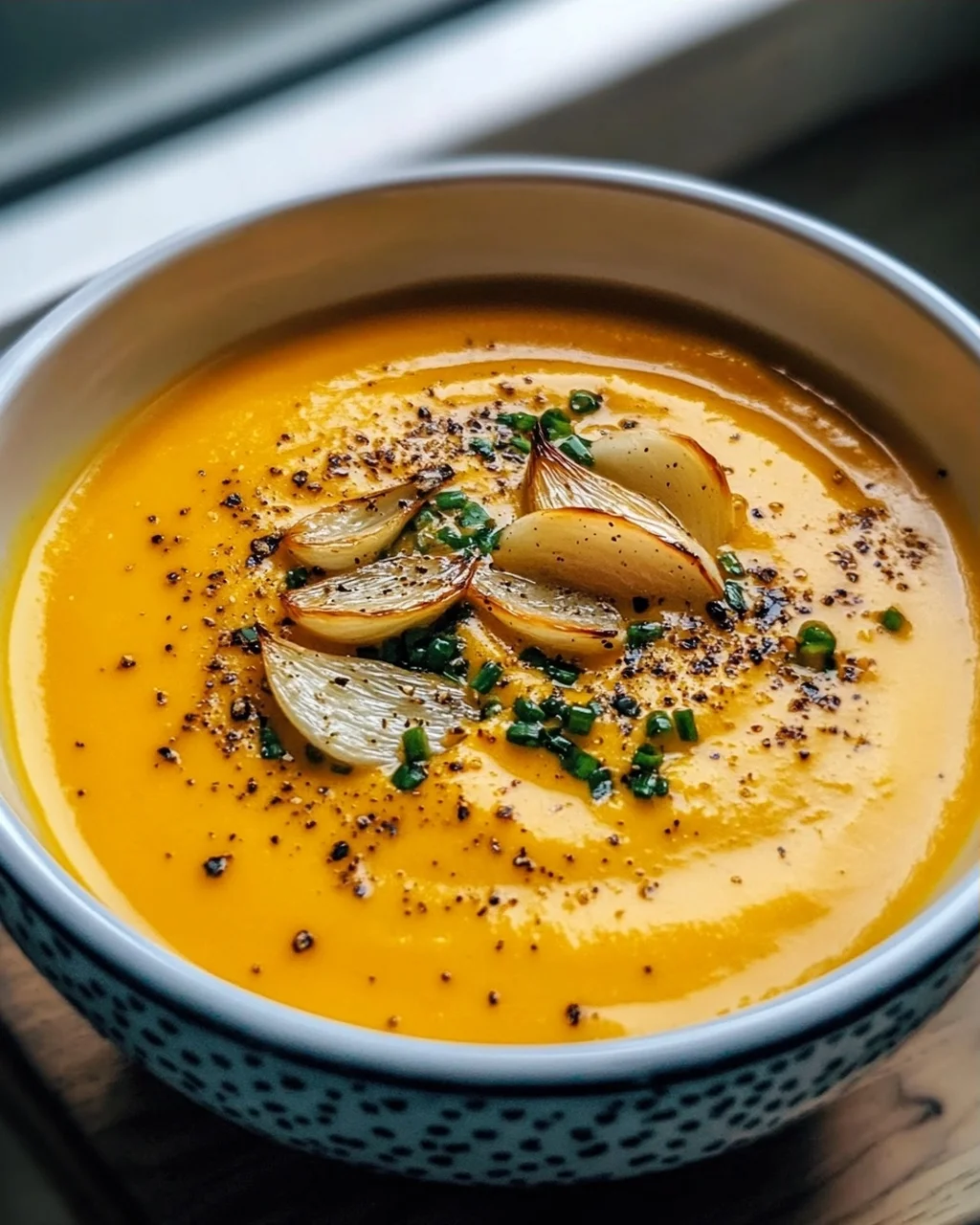 Aromatische Hokkaido Kürbissuppe mit geröstetem Knoblauchöl
