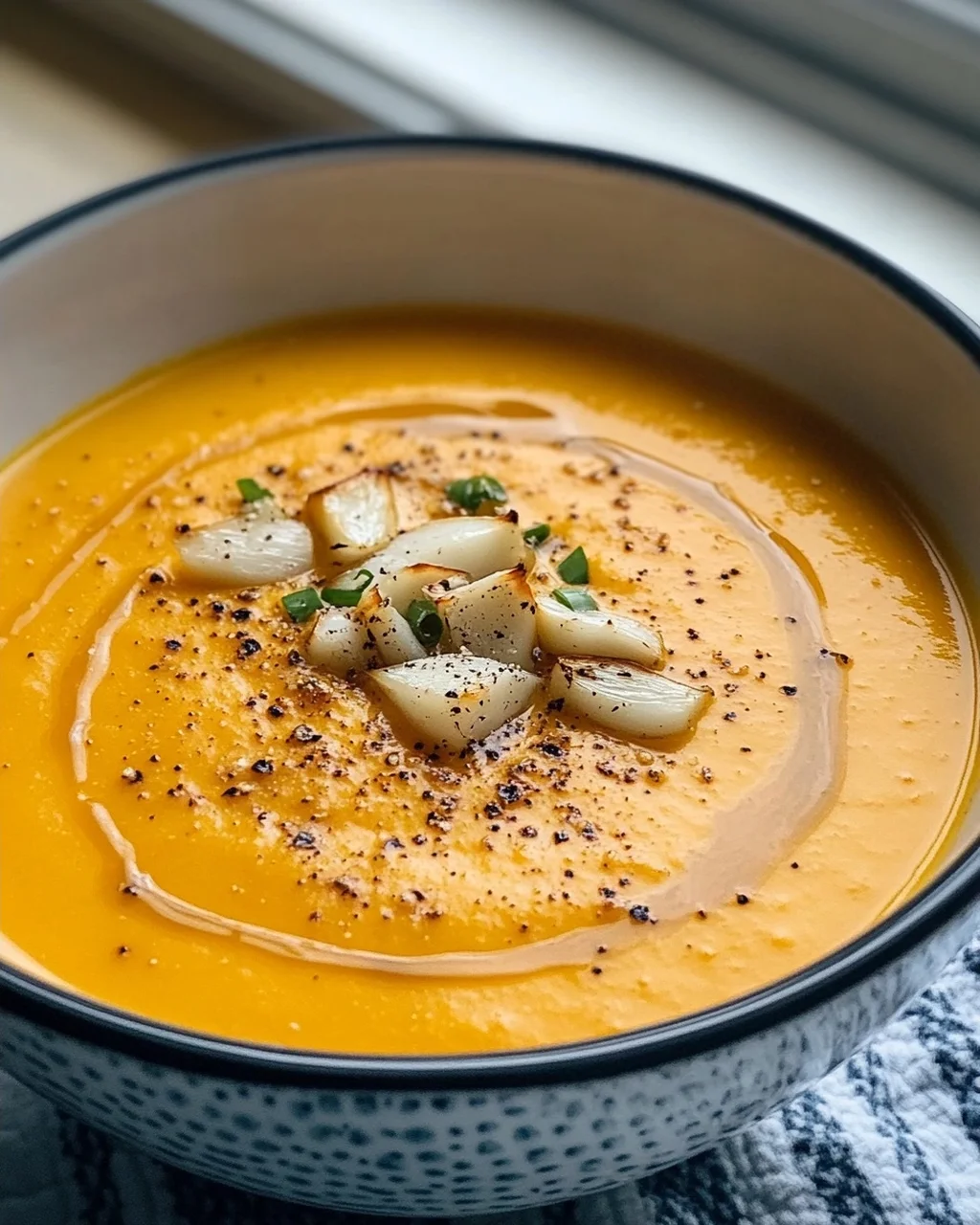 Aromatische Hokkaido Kürbissuppe mit geröstetem Knoblauchöl