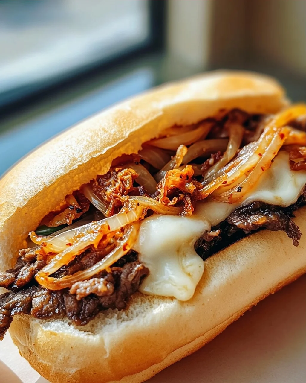 Bulgogi Cheesesteak auf dem Blech mit karamellisierten Zwiebeln
