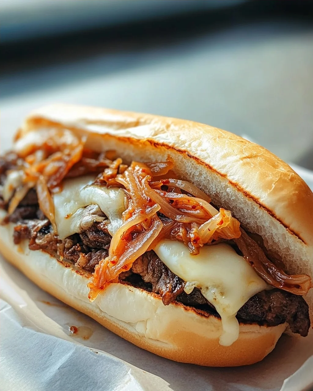 Bulgogi Cheesesteak auf dem Blech mit karamellisierten Zwiebeln