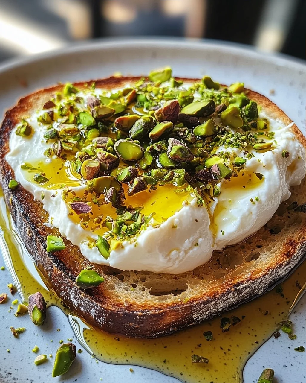 Burrata-Toast mit Pistazien und heißem Honig