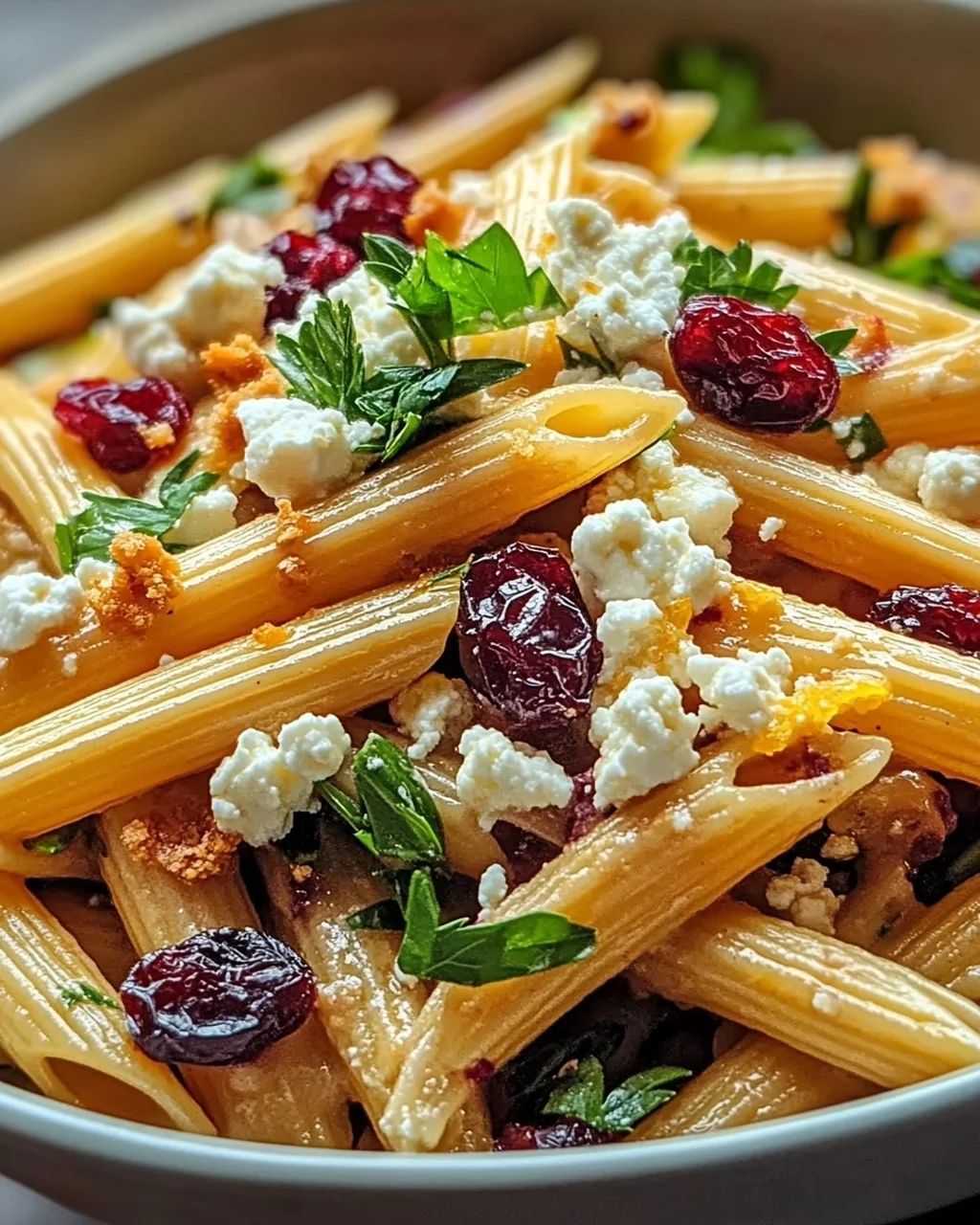 Feta-Cranberry-Penne-Salat mit Orangen-Vinaigrette Rezept