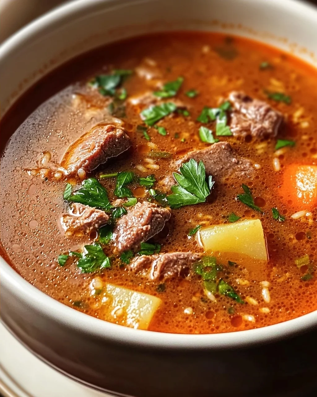 Herzhafte serbische Reisfleischsuppe