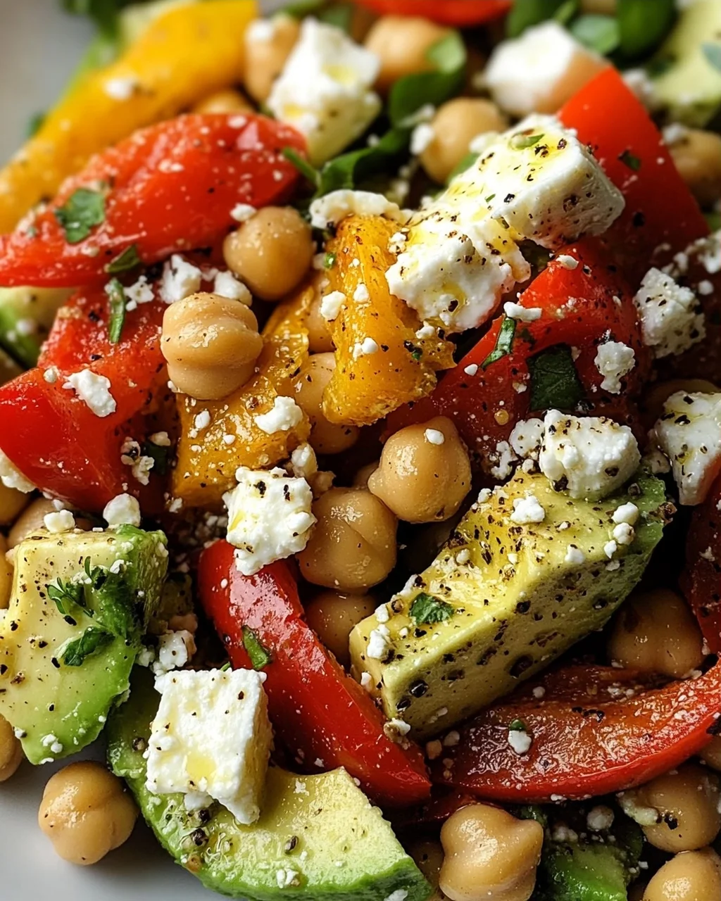 Kichererbsen-Feta-Avocado-Salat mit gerösteten Paprika