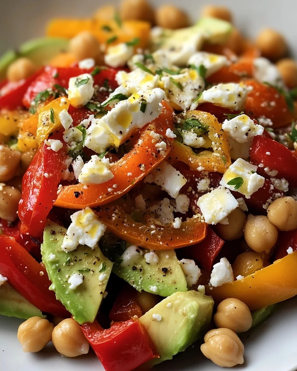 Kichererbsen-Feta-Avocado-Salat mit gerösteten Paprika