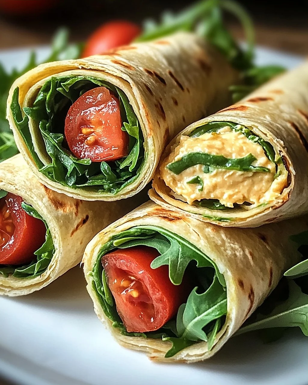 Vegetarische Wrap-Röllchen mit Rucola und Tomaten
