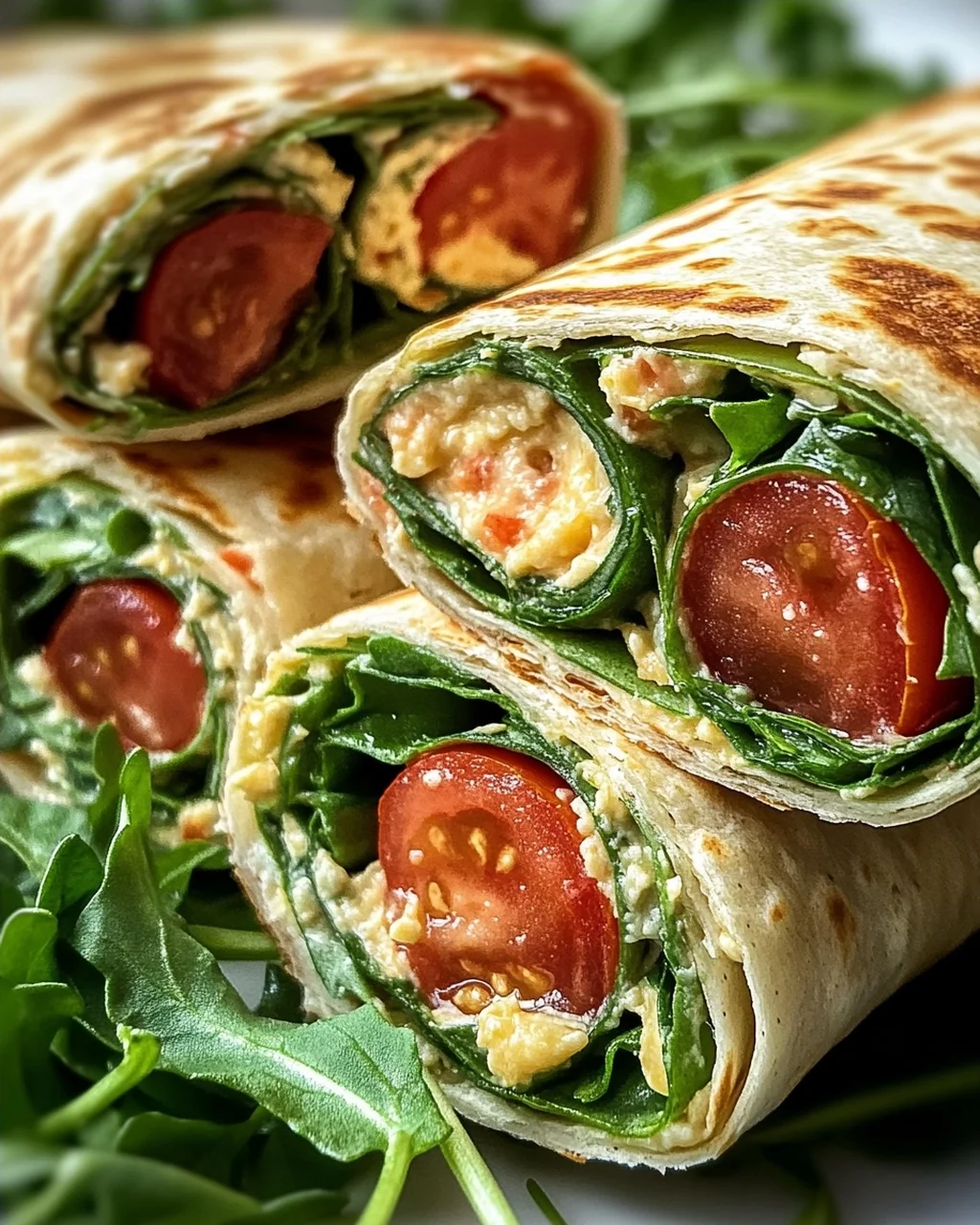 Vegetarische Wrap-Röllchen mit Rucola und Tomaten