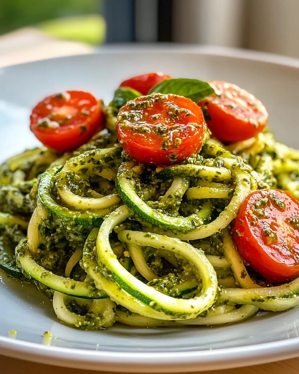 Zucchini Spaghetti mit Pesto & süßen Kirschtomaten – leicht & lecker!