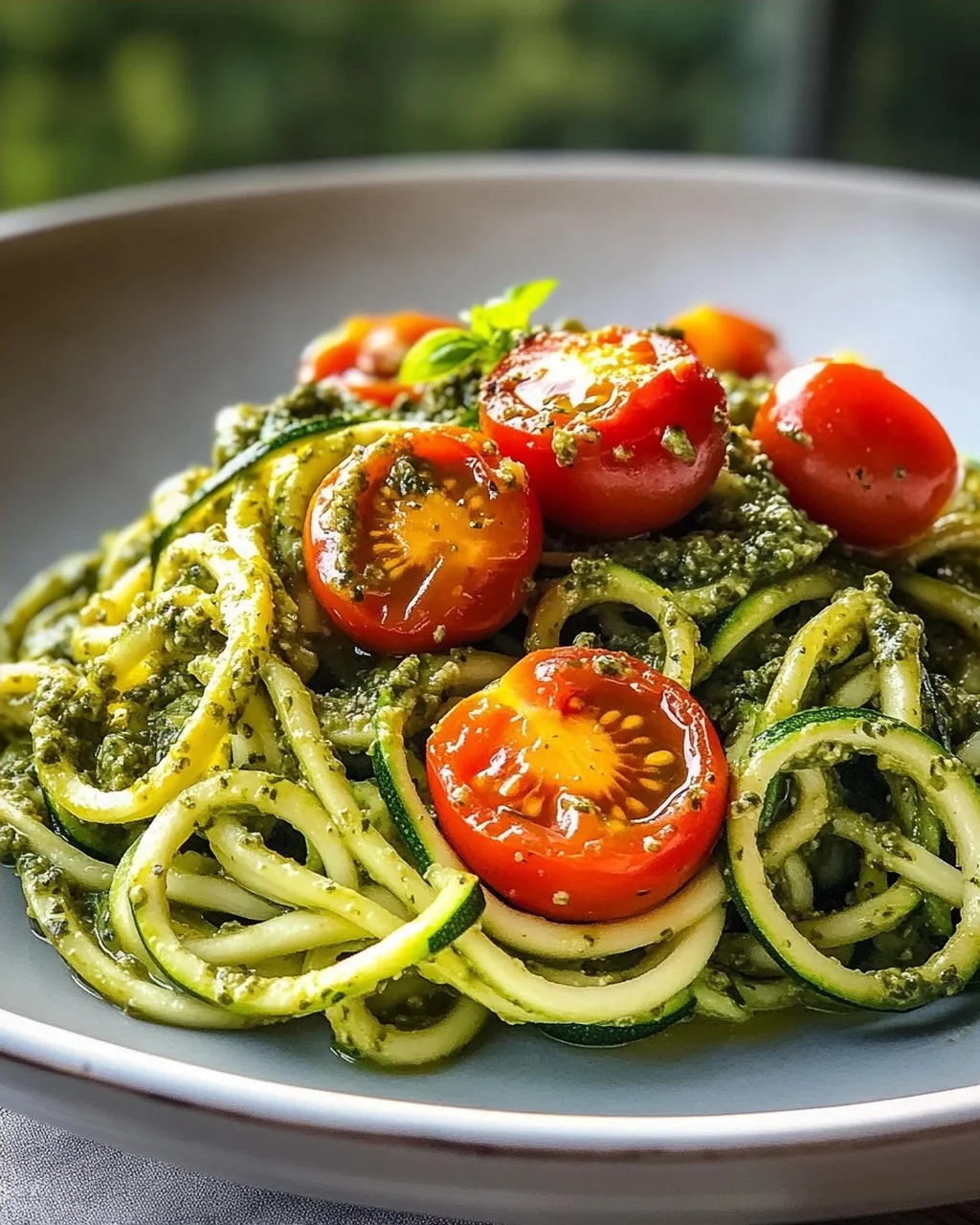 Zucchini Spaghetti mit Pesto & süßen Kirschtomaten – leicht & lecker!